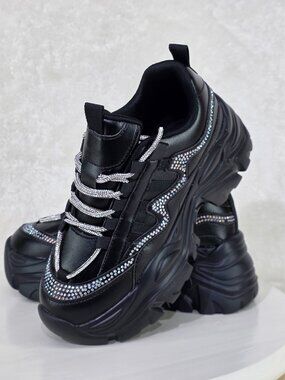 Billie - 1.5" Platform Sneakers In Black with Rhinestone Laces
